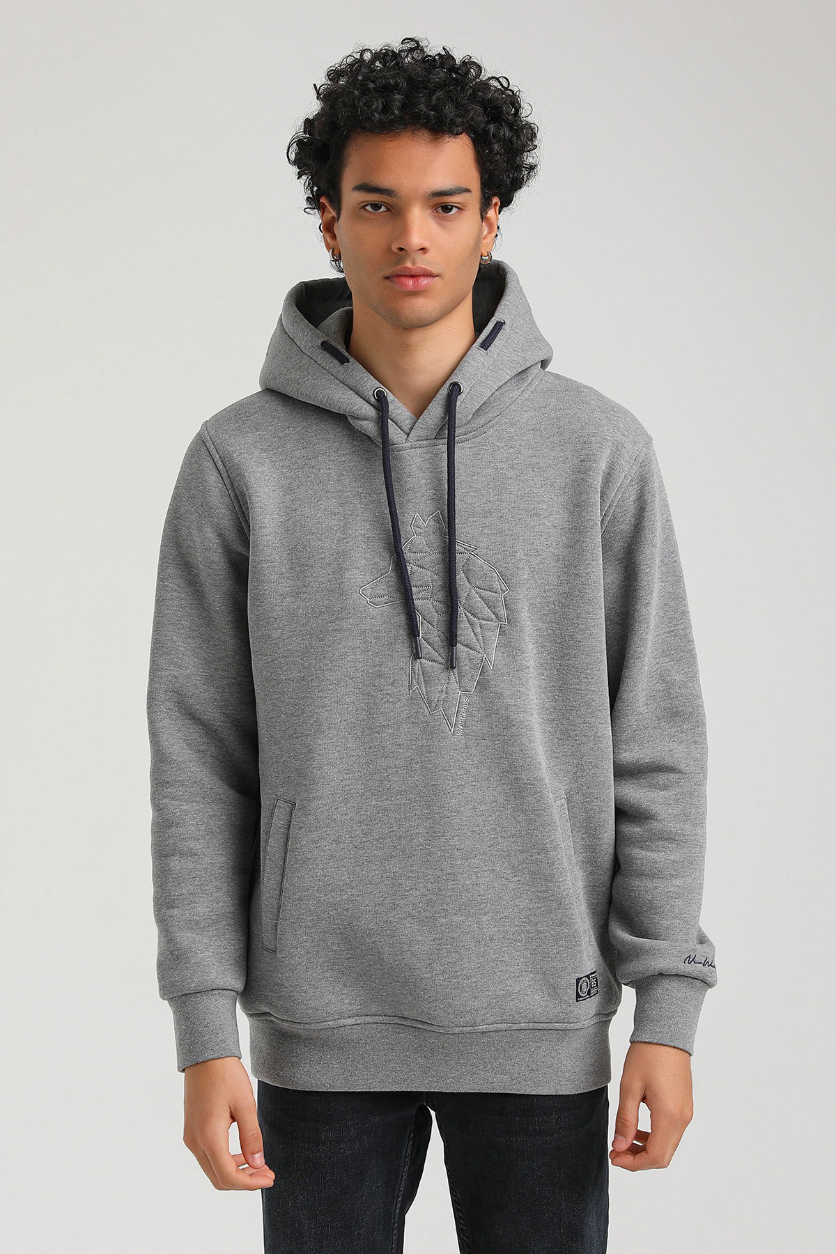 New World Polo Kapşonlu Gri Slim Fit Hoodie 23FWM64041