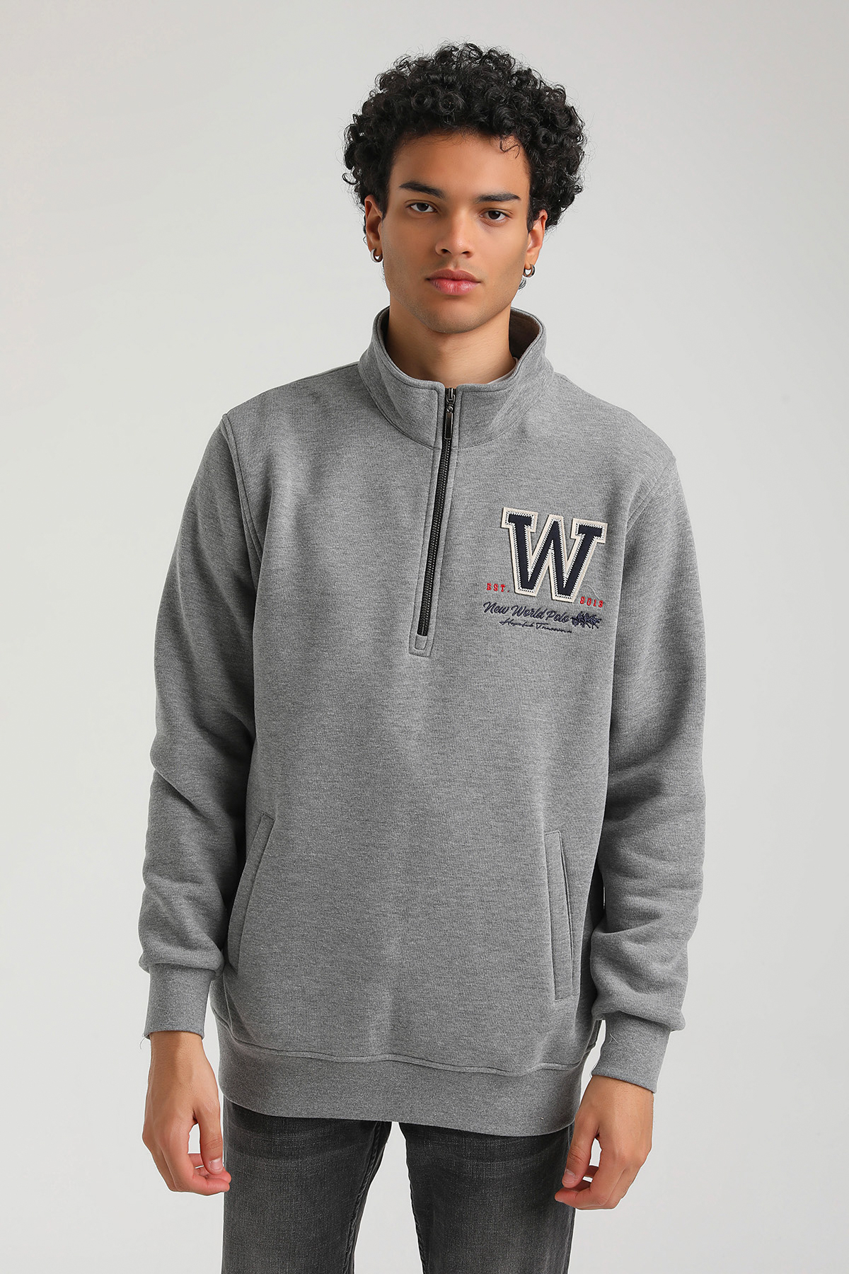 New World Polo Kapşonlu Gri Slim Fit Hoodie 23FWM64065