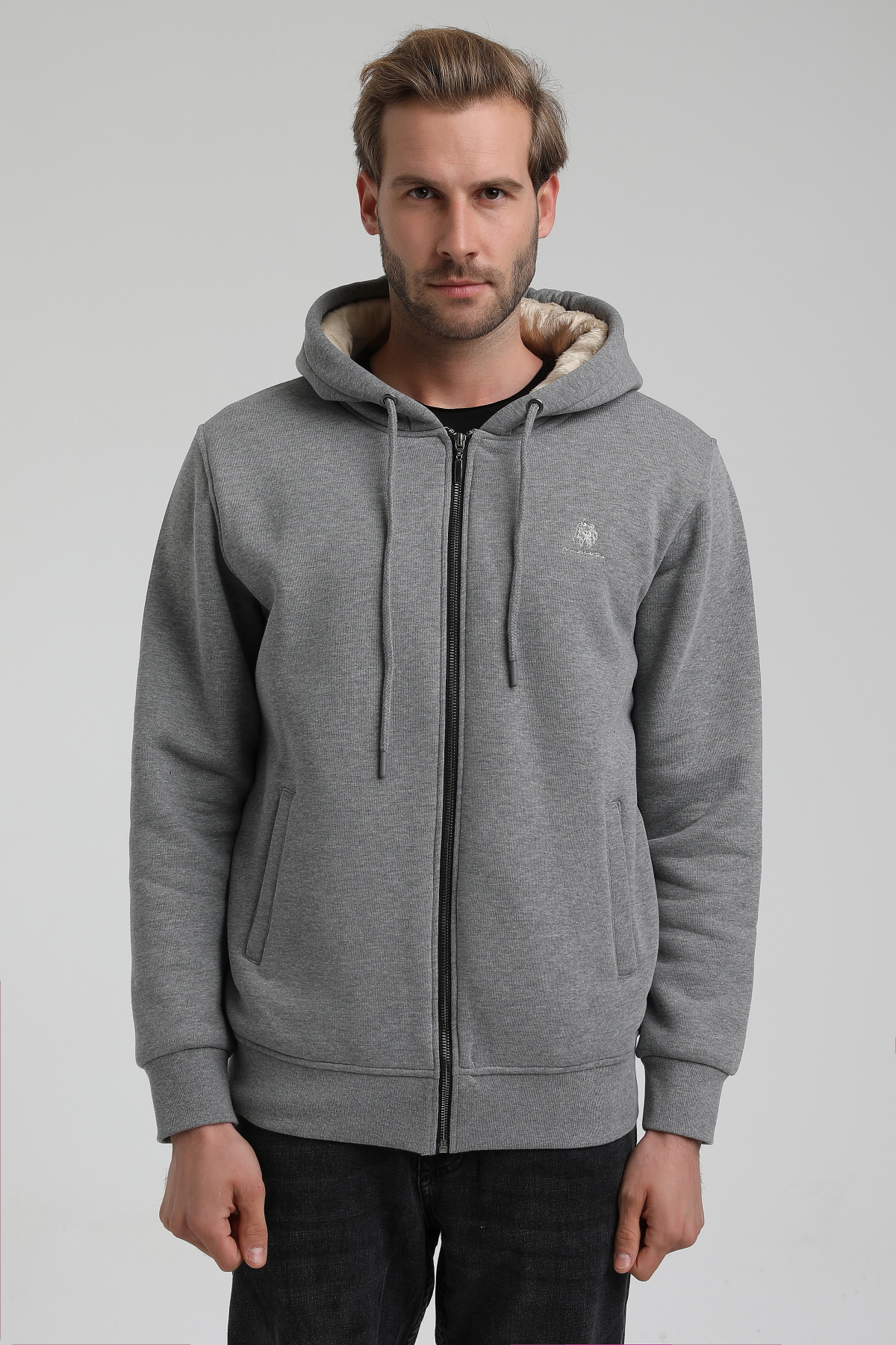 New World Polo Kapşonlu Gri Slim Fit Sweatshirt 22FWM64040