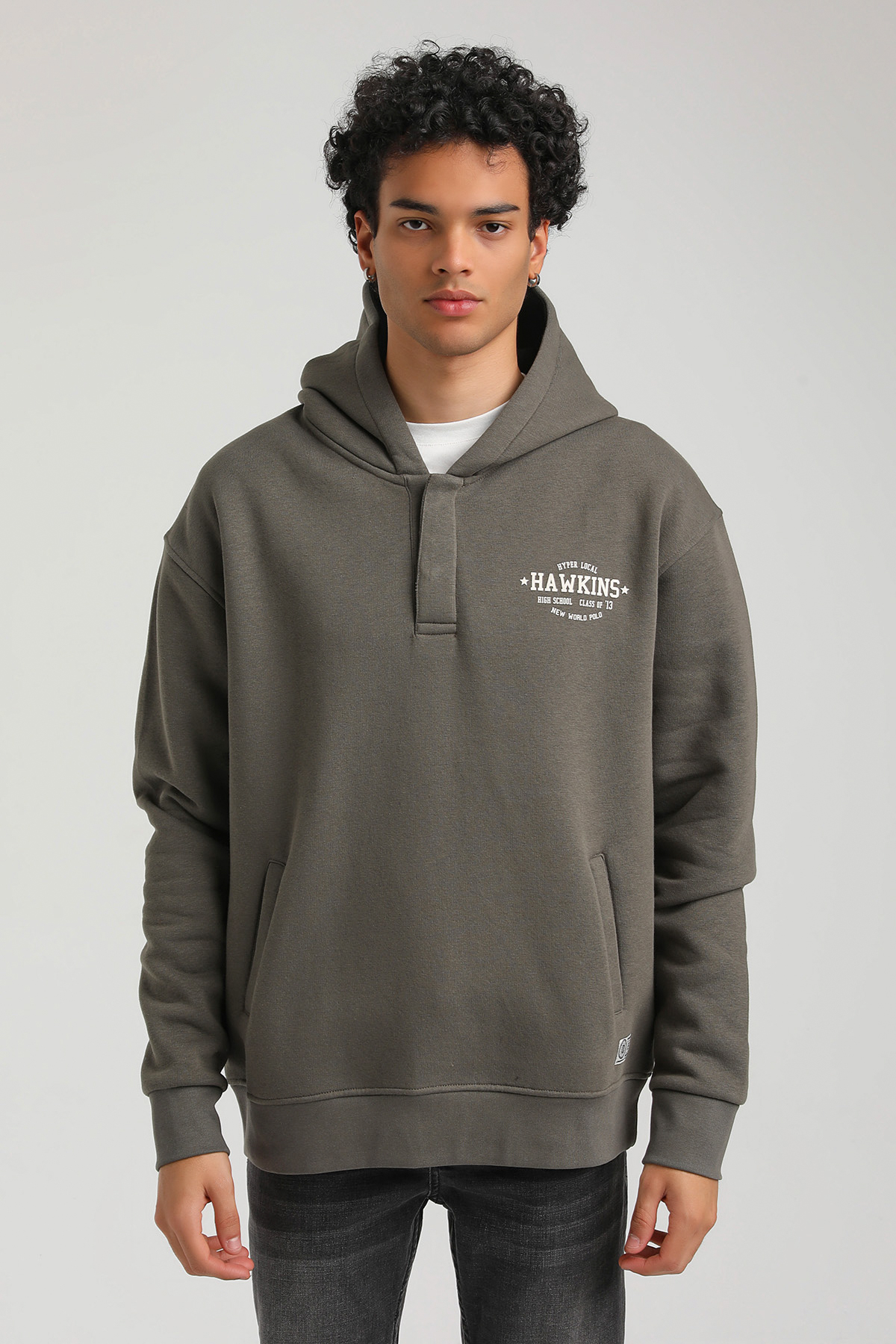 New World Polo Kapşonlu Haki Slim Fit Hoodie 23FWM64057