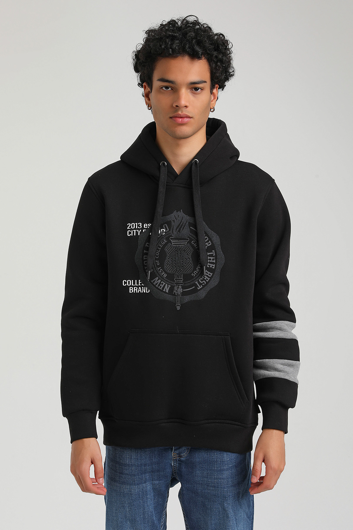 New World Polo Kapşonlu Siyah Slim Fit Hoodie 23FWM64054