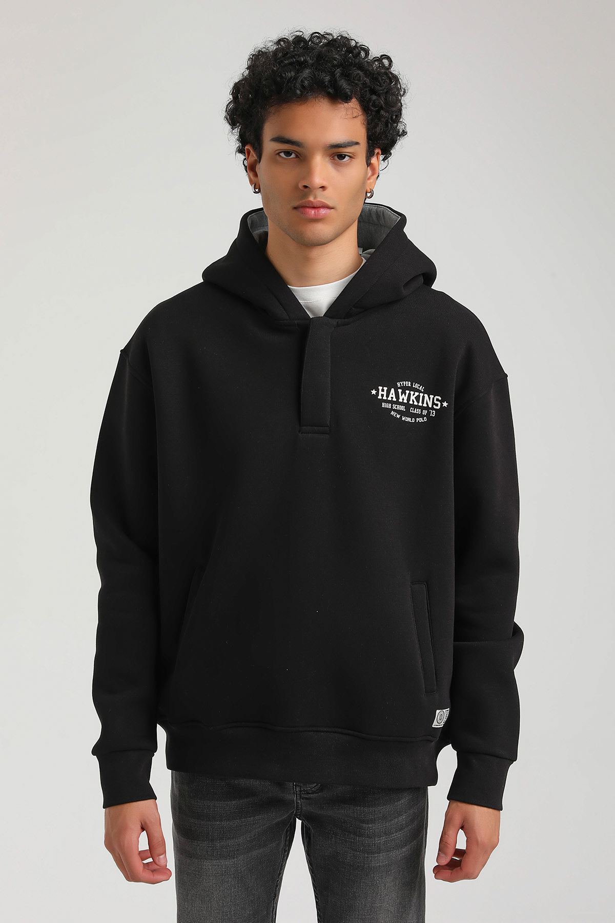 New World Polo Kapşonlu Siyah Slim Fit Hoodie 23FWM64057