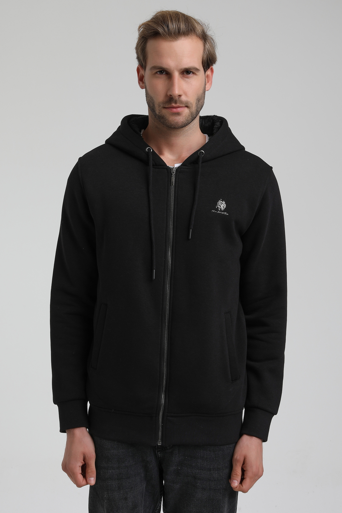 New World Polo Kapşonlu Siyah Slim Fit Sweatshirt 22FWM64040