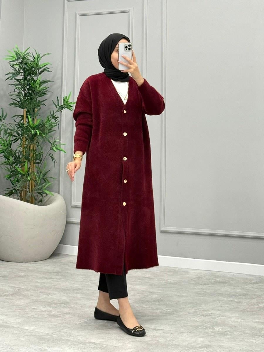 Angora Çıtçıtlı Hırka -Bordo (Ön Sipariş)