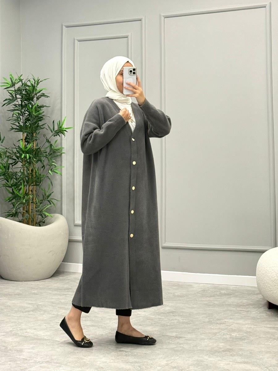 Angora Düğmeli Hırka -Gri
