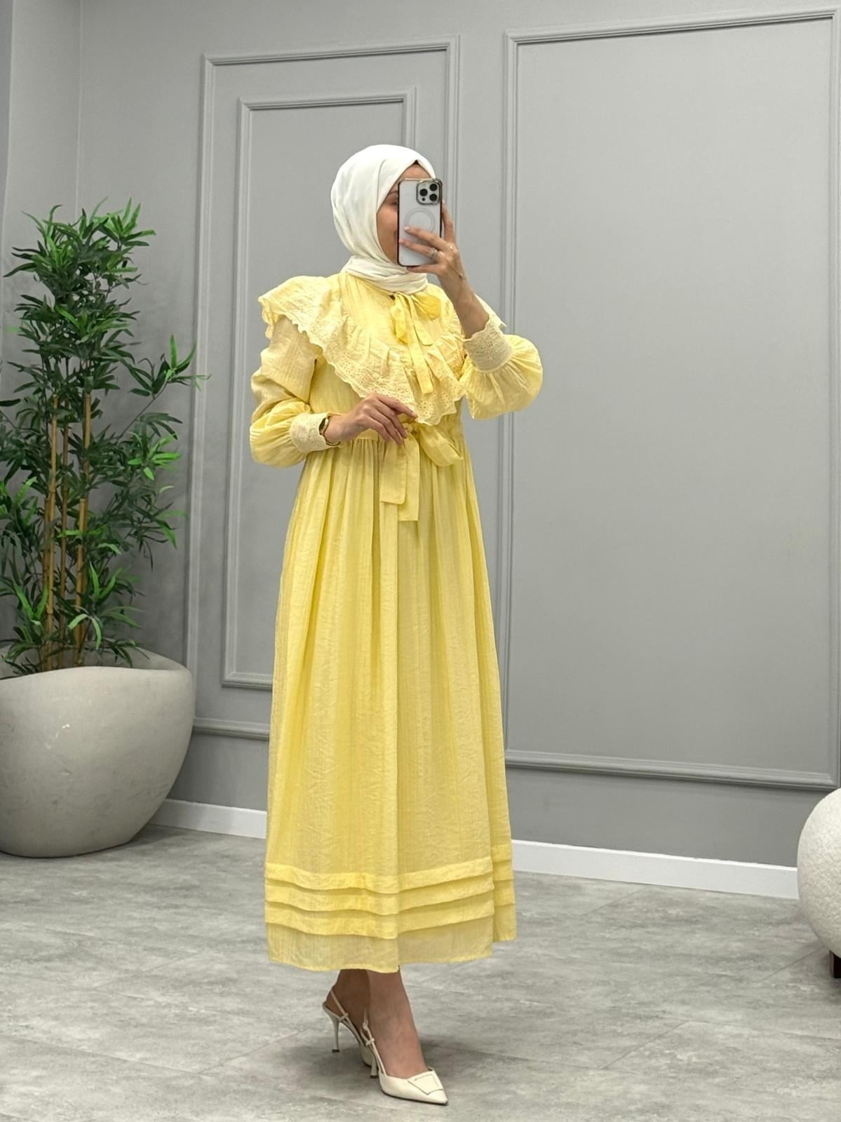 Bloom Yaka Detay Elbise -Sarı