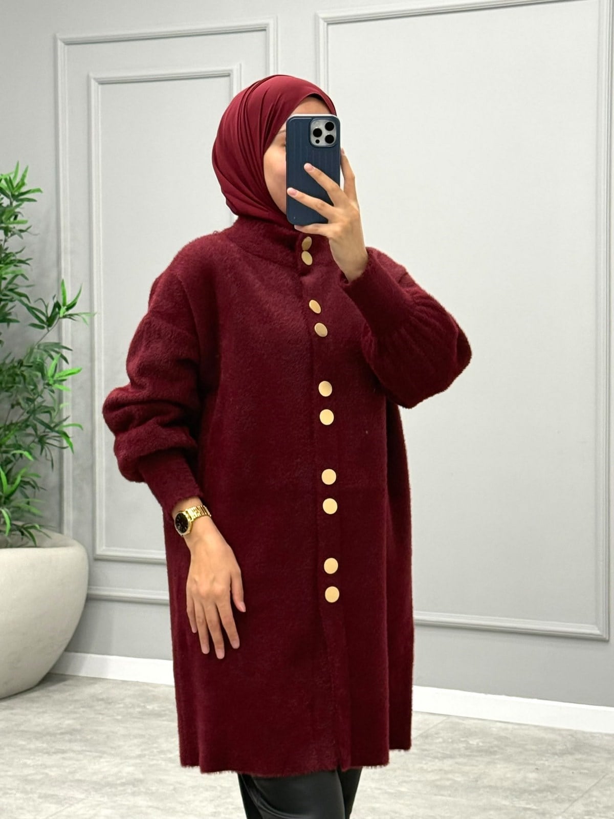 Diana Düğmeli Angora Hırka -Bordo