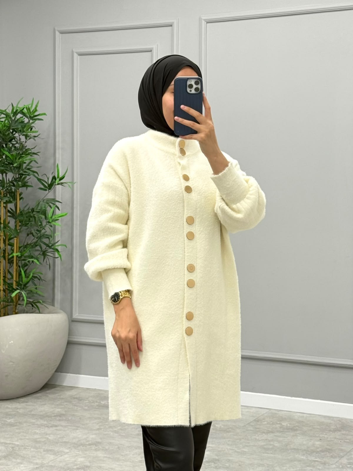Diana Düğmeli Angora Hırka -Ekru