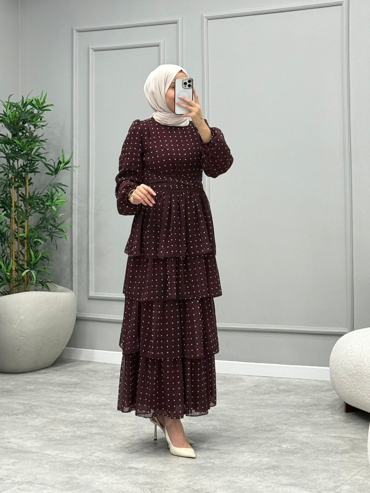 Diora Puantiye Desen Elbise -Bordo