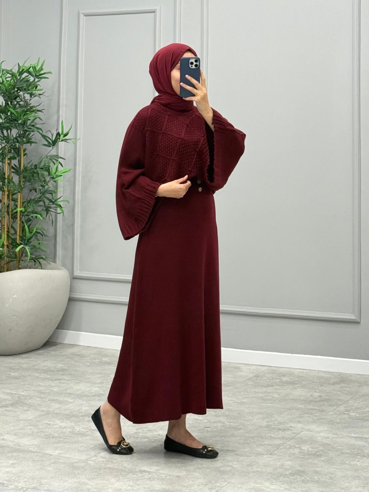 Galia Desenli Etekli Takım -Bordo