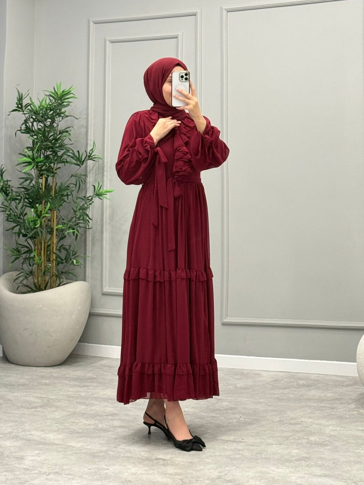 Monisa Şifon Elbise -Bordo