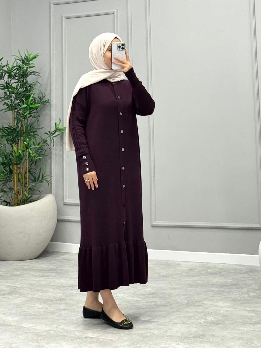 Selvya Düğmeli Triko Elbise -Mor