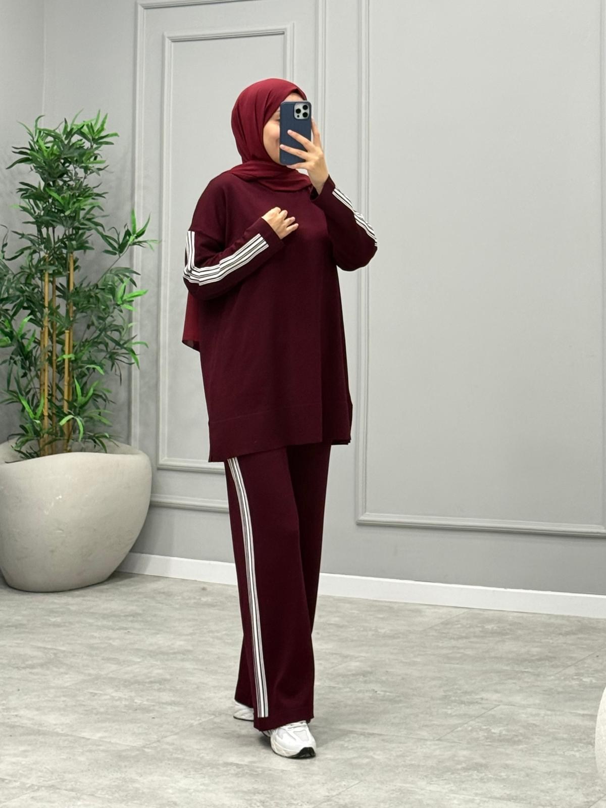 Şeritli Çizgili Takım -Bordo