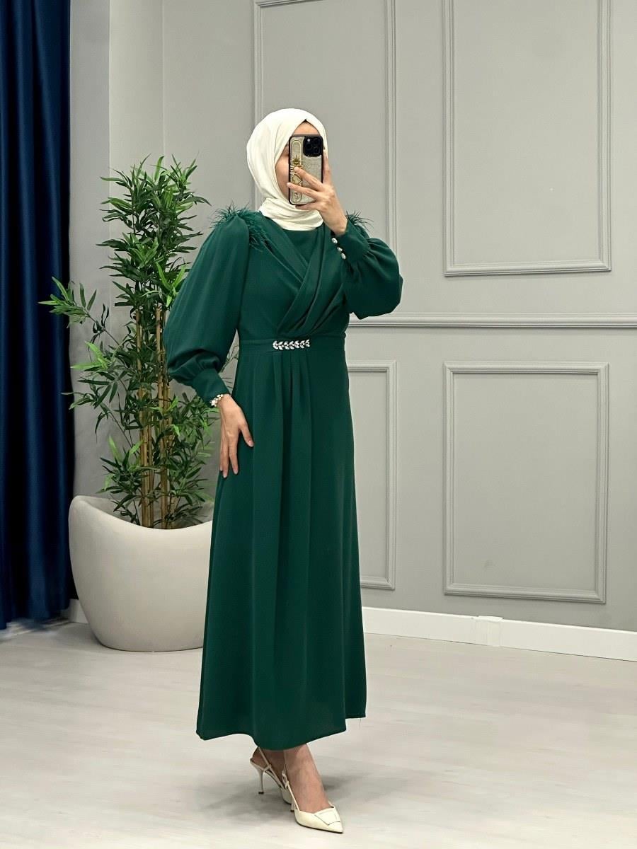 Voil Omuzları Tüllü Elbise Zümrüt