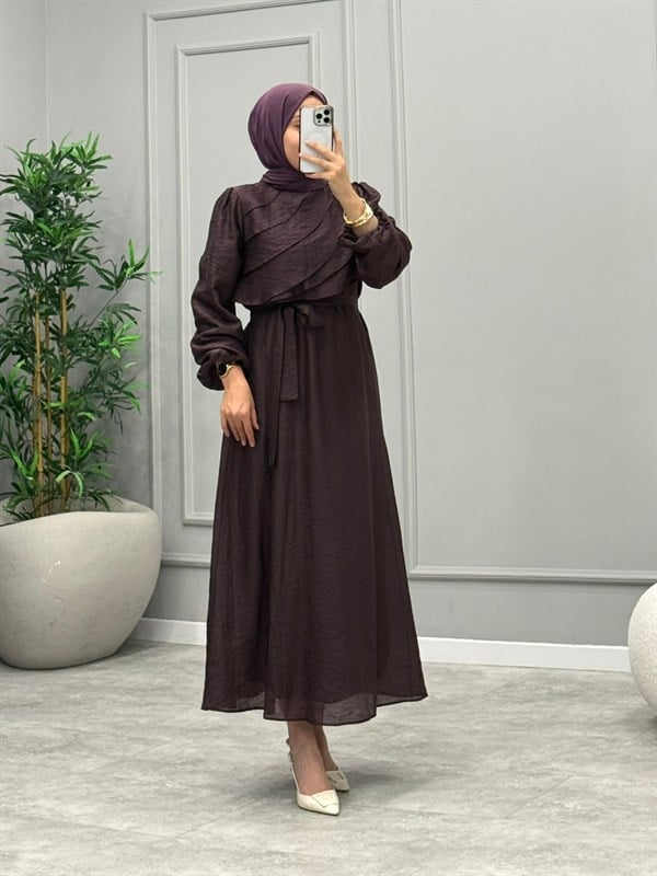 Mowa Yaka Detaylı Elbise -Mürdüm
