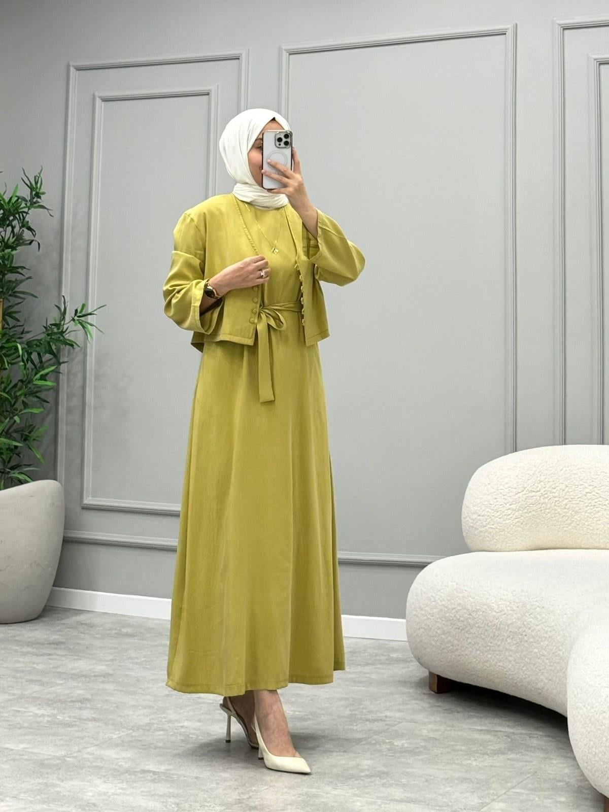 Alora Hırka Detaylı Elbise -Yağ Yeşili
