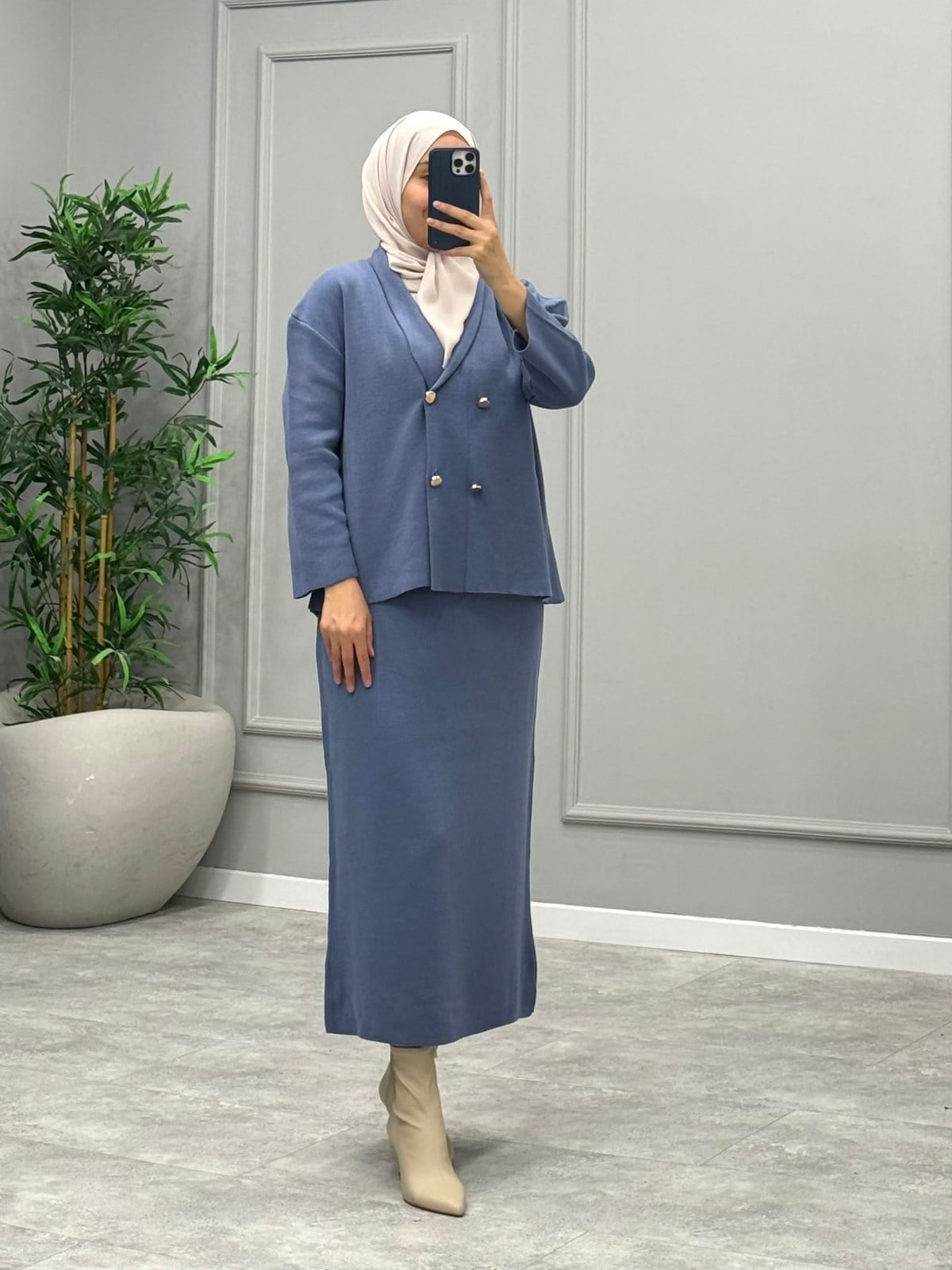 Bellis Düğmeli Merserize Takım -İndigo