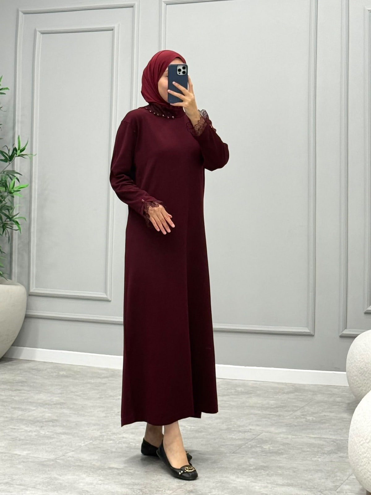 Cupse Dantel Detay Elbise -Bordo
