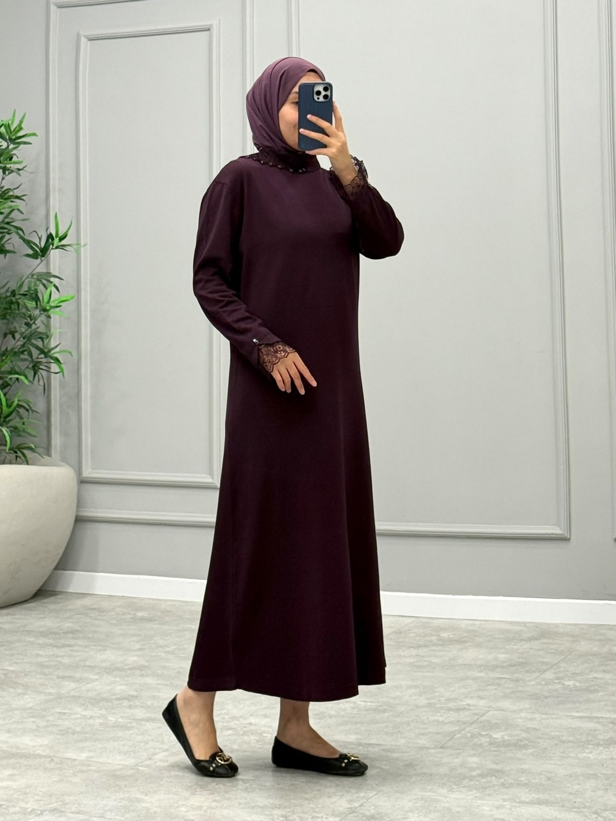 Cupse Dantel Detay Elbise -Mürdüm
