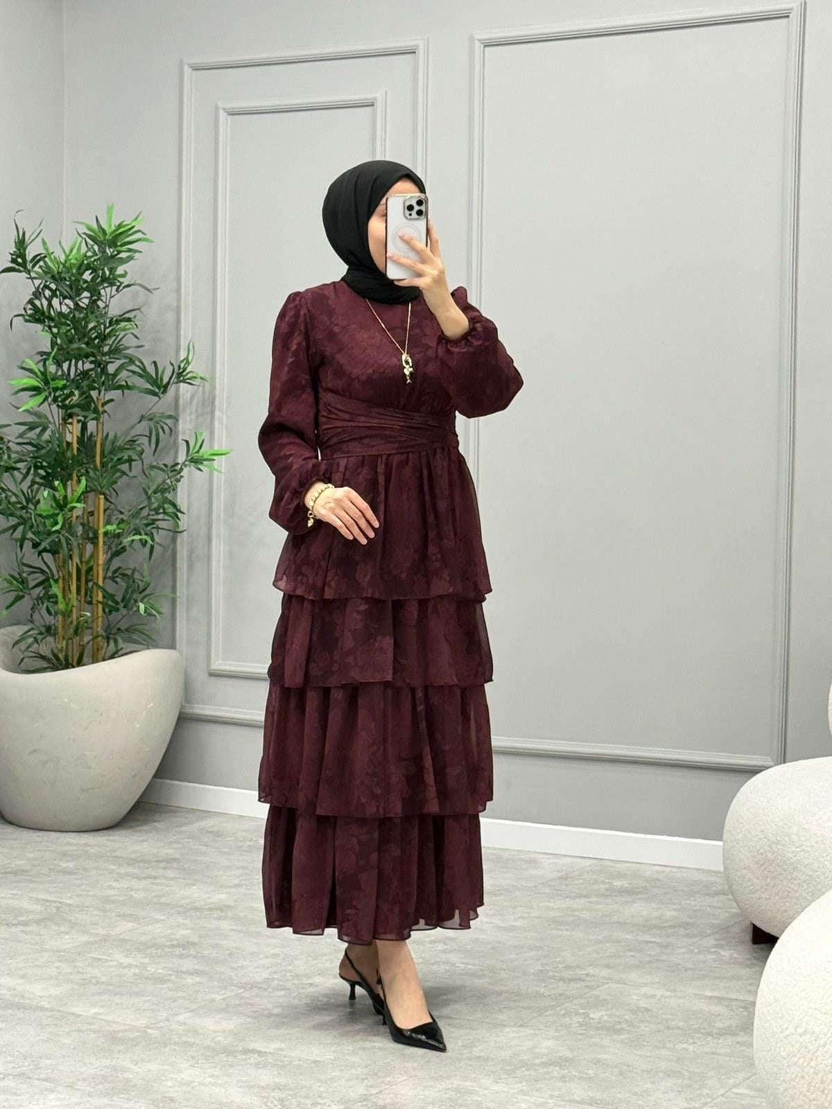 Elsa Çiçek Desen Elbise -Bordo
