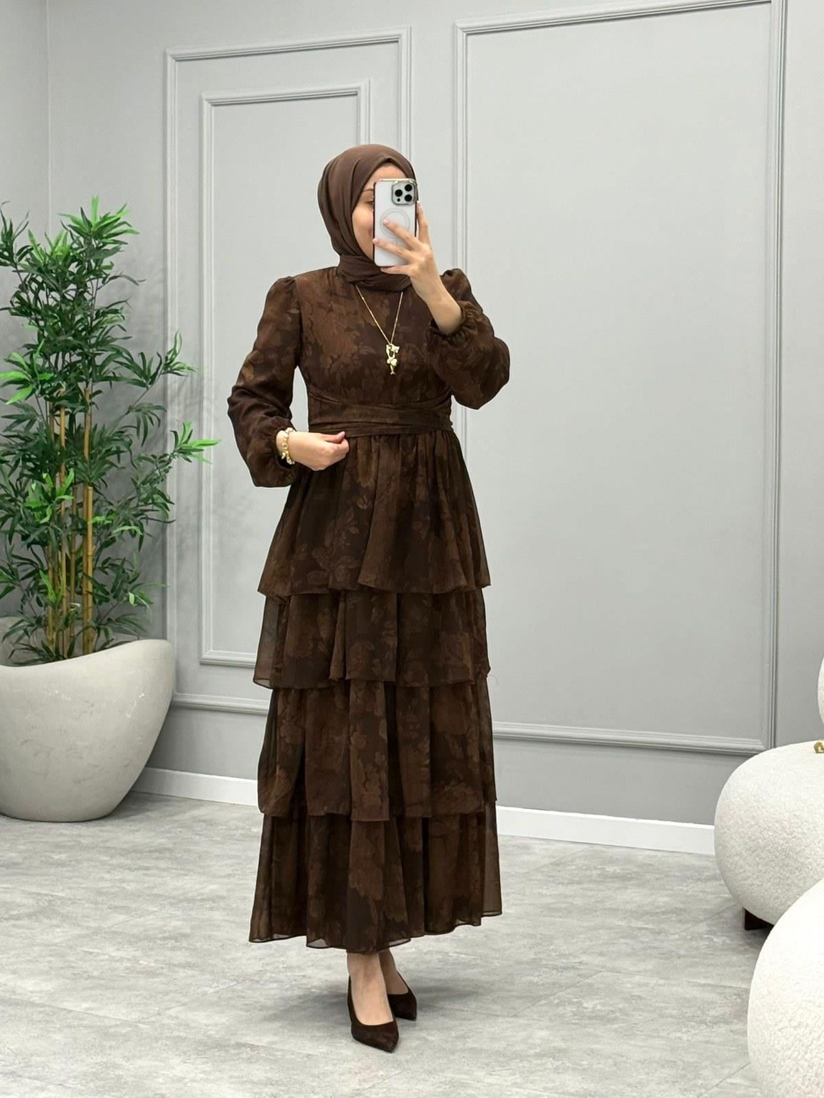 Elsa Çiçek Desen Elbise -Kahverengi