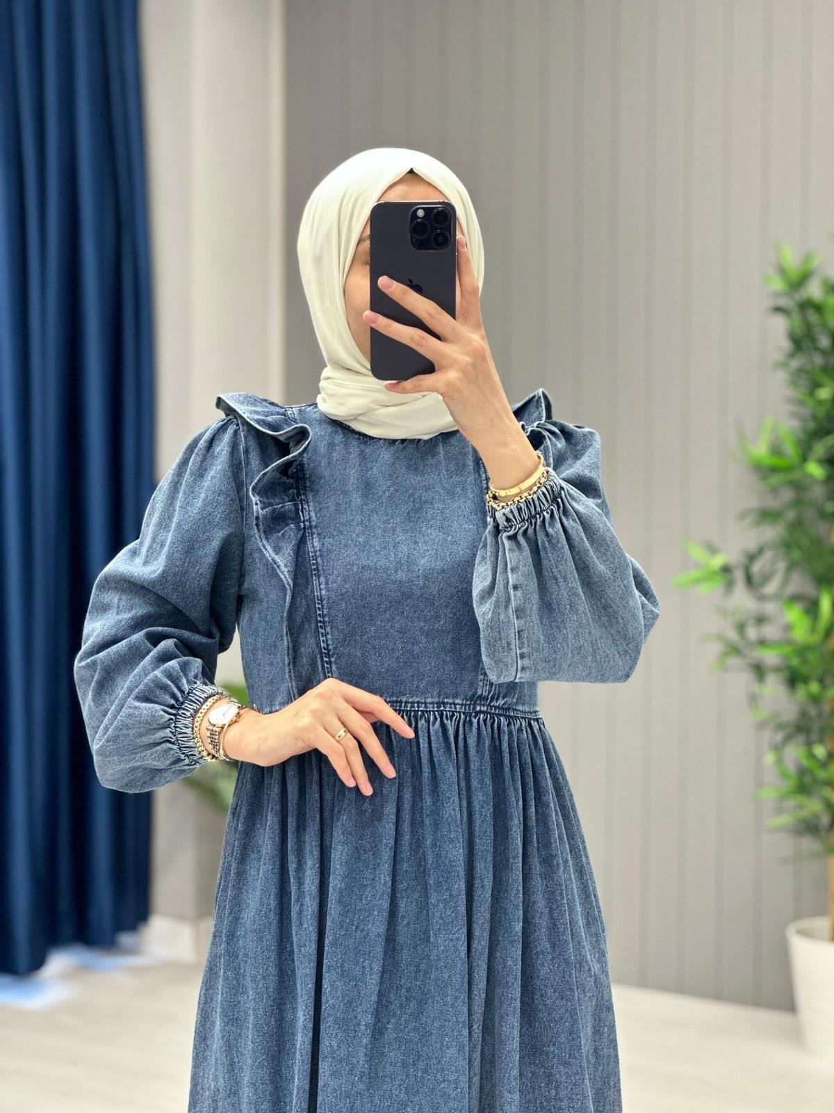 Fırfırlı Kot Elbise Mavi