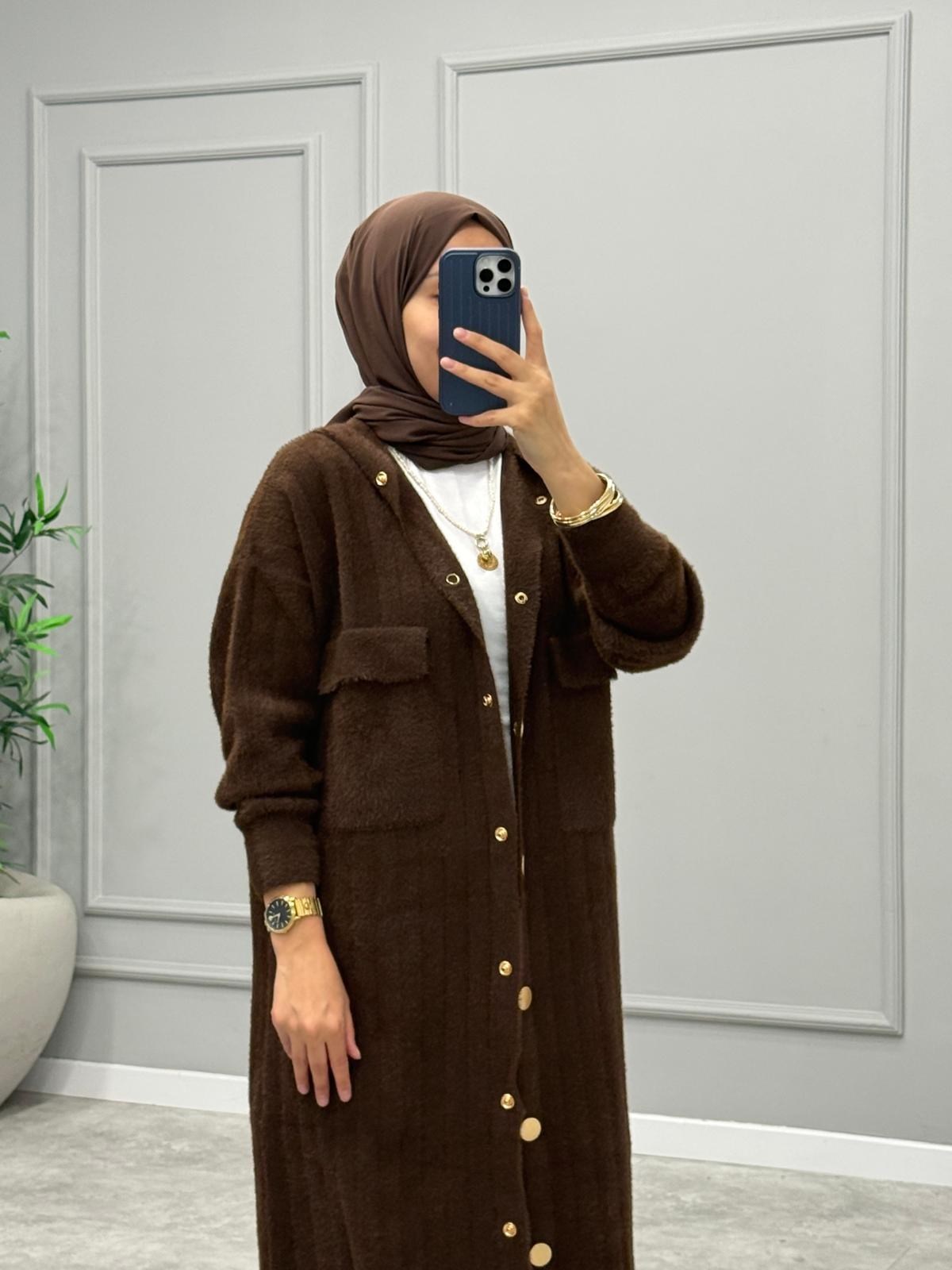 Hazel Kapüşonlu Angora Hırka -Kahverengi