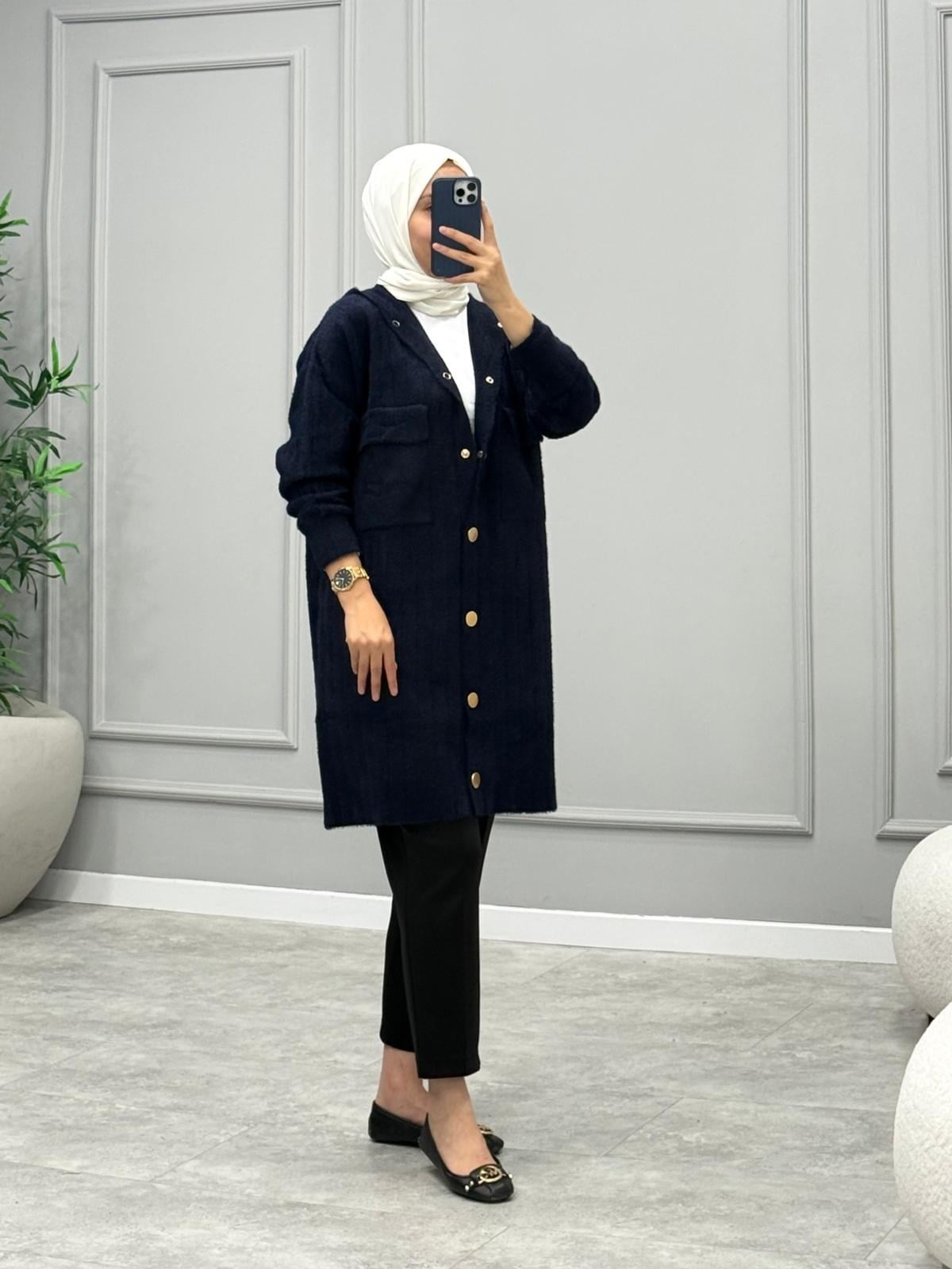 Hazel Kapüşonlu Angora Hırka -Lacivert