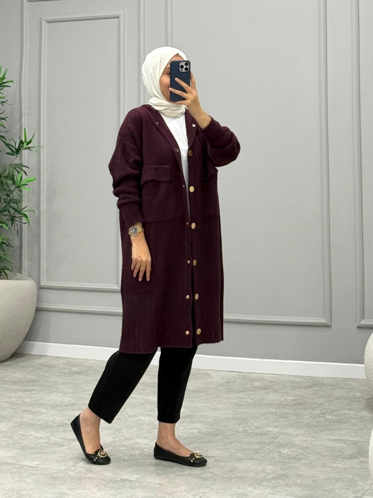 Hazel Kapüşonlu Angora Hırka -Mürdüm