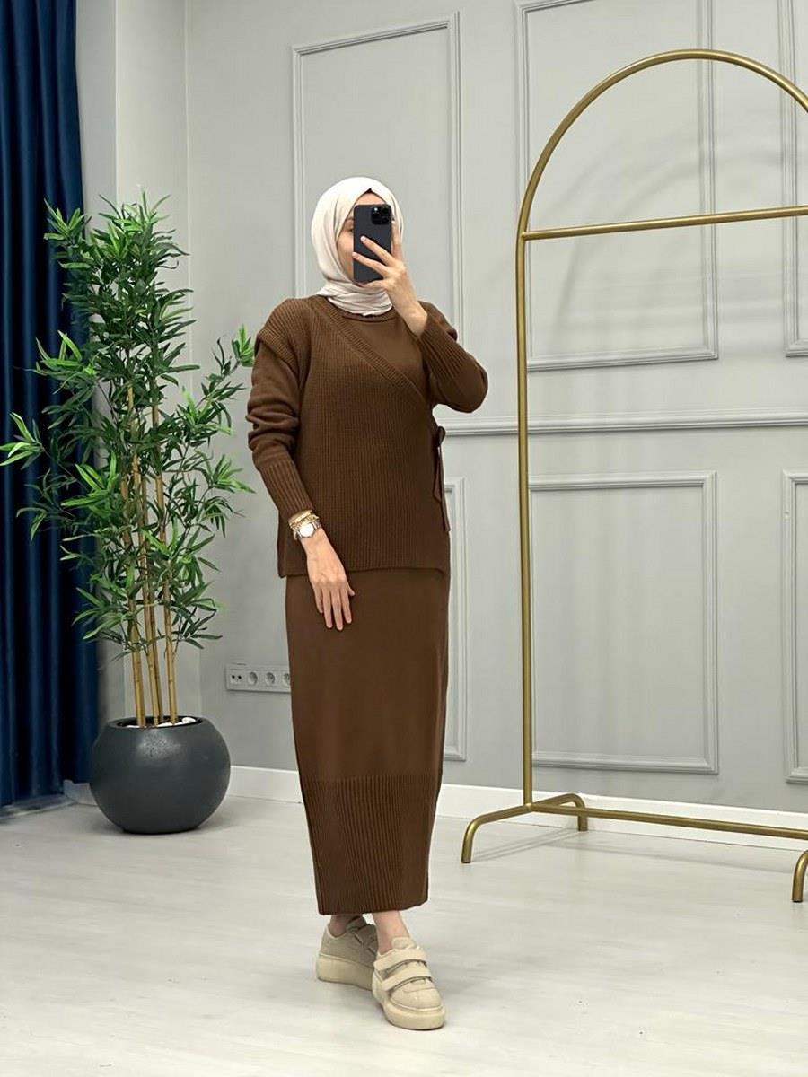 İkili Örme Elbise Acı Kahve