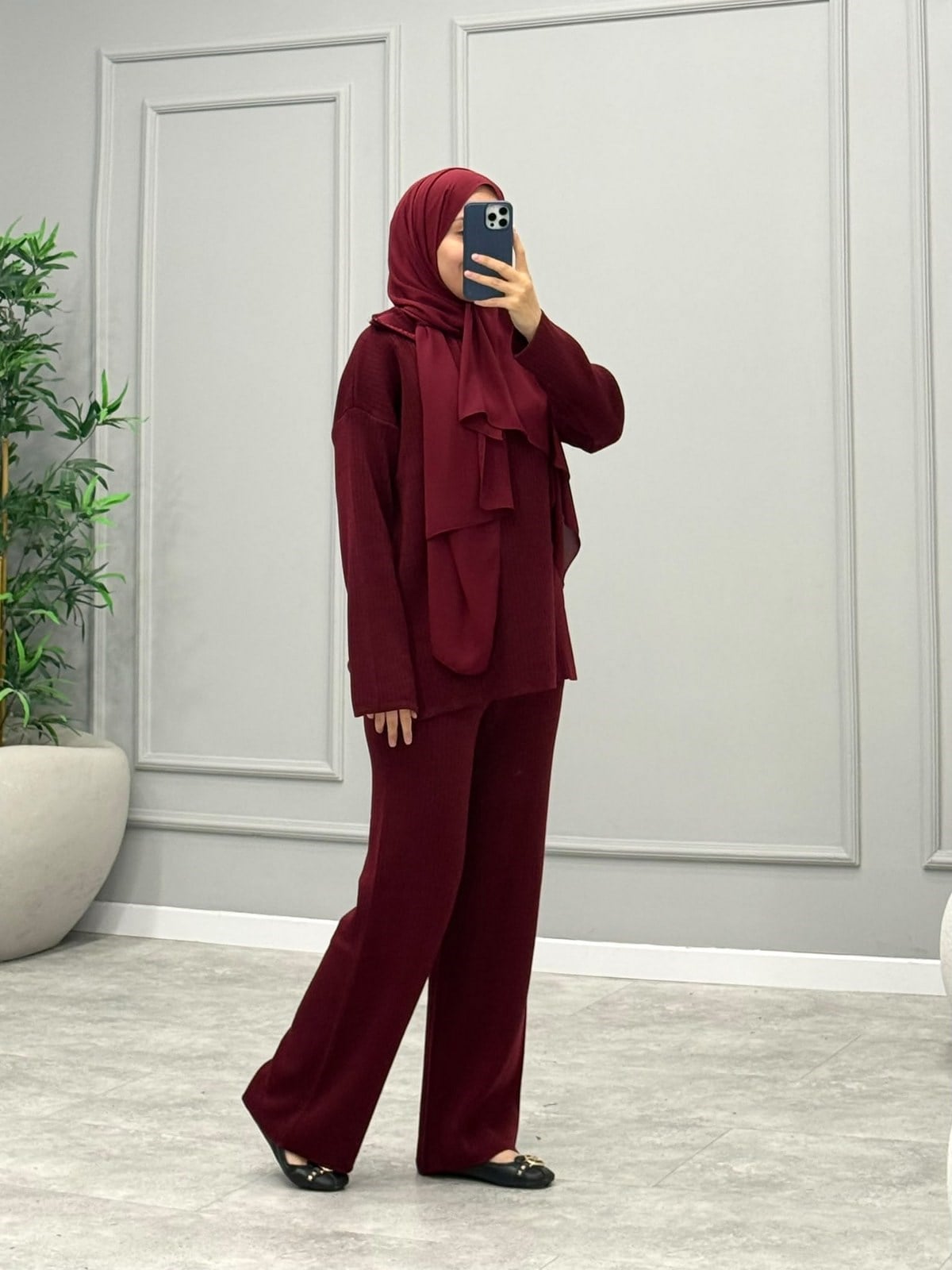 Laren Fermuarlı İkili Takım -Bordo