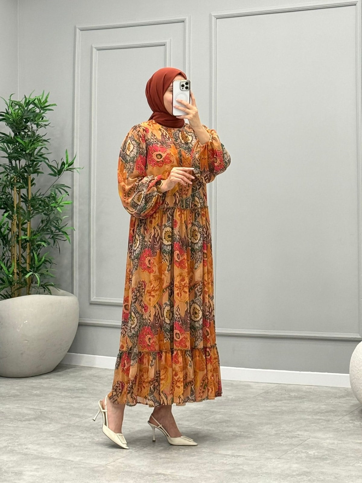 Lavin Desenli Elbise -Turuncu