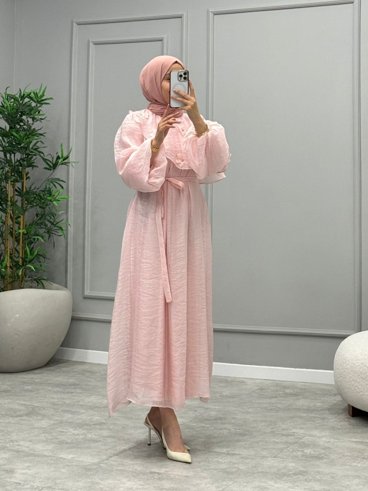 Luna Çiçek Detay Elbise -Pembe
