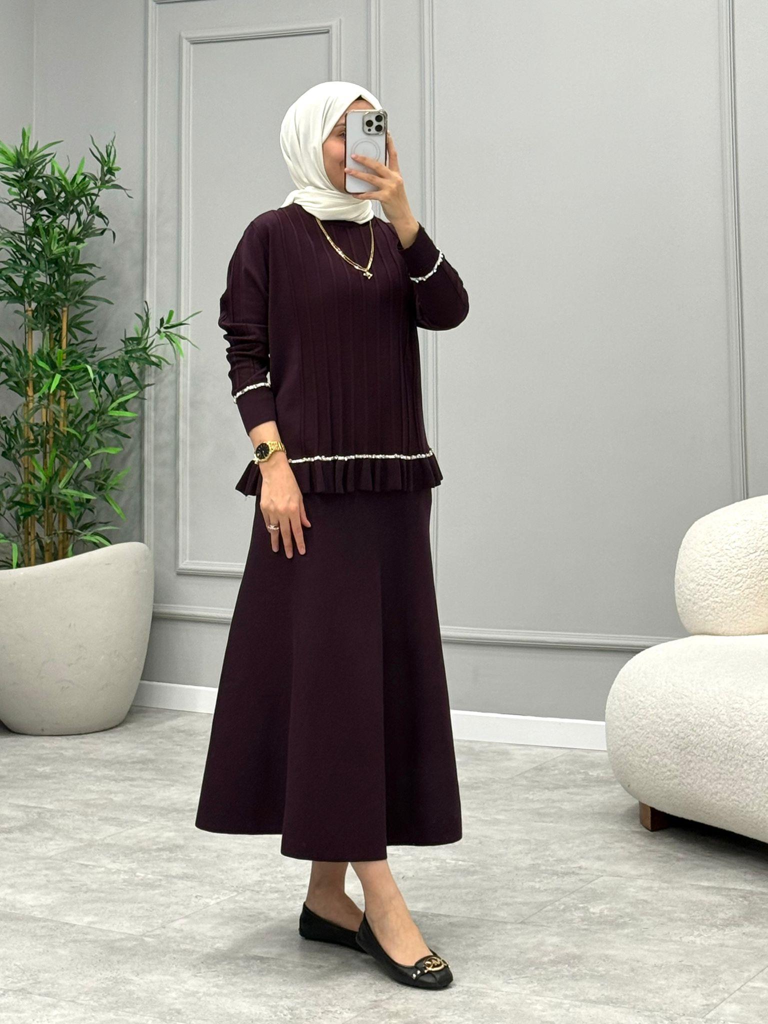 Melody Taşlı Etekli Takım -Mürdüm