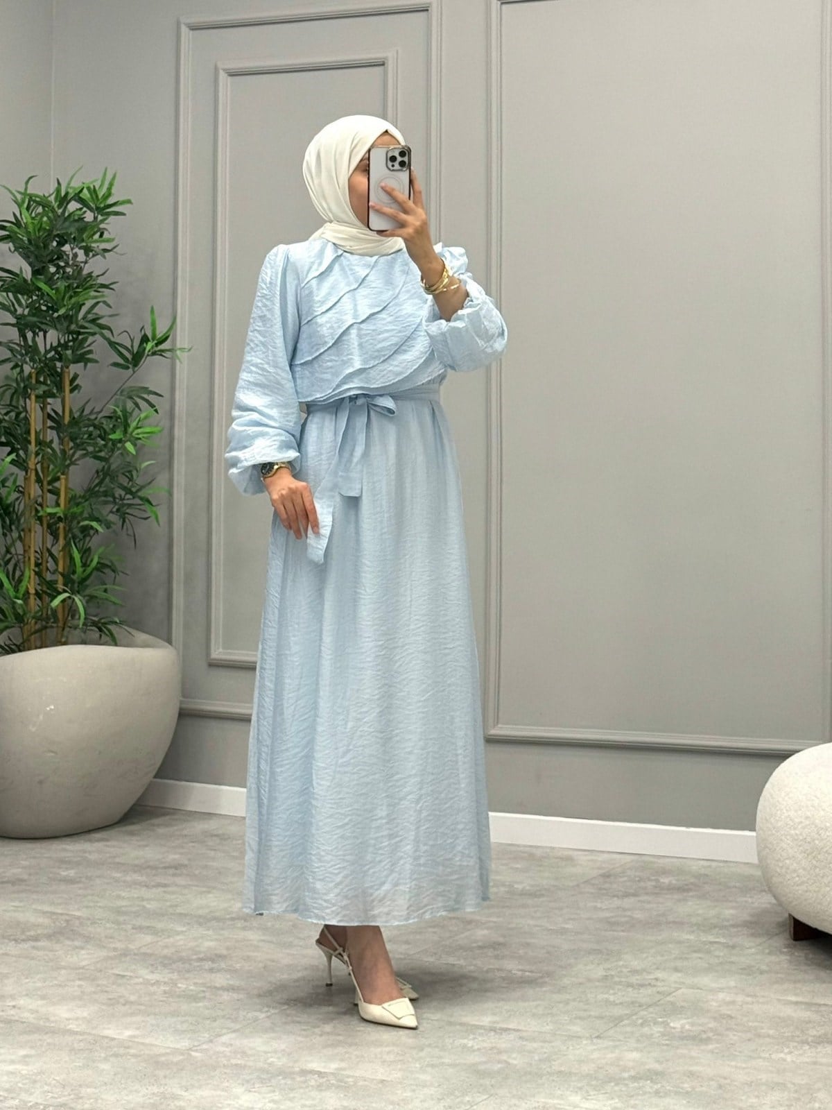 Mowa Yaka Detaylı Elbise -Mavi