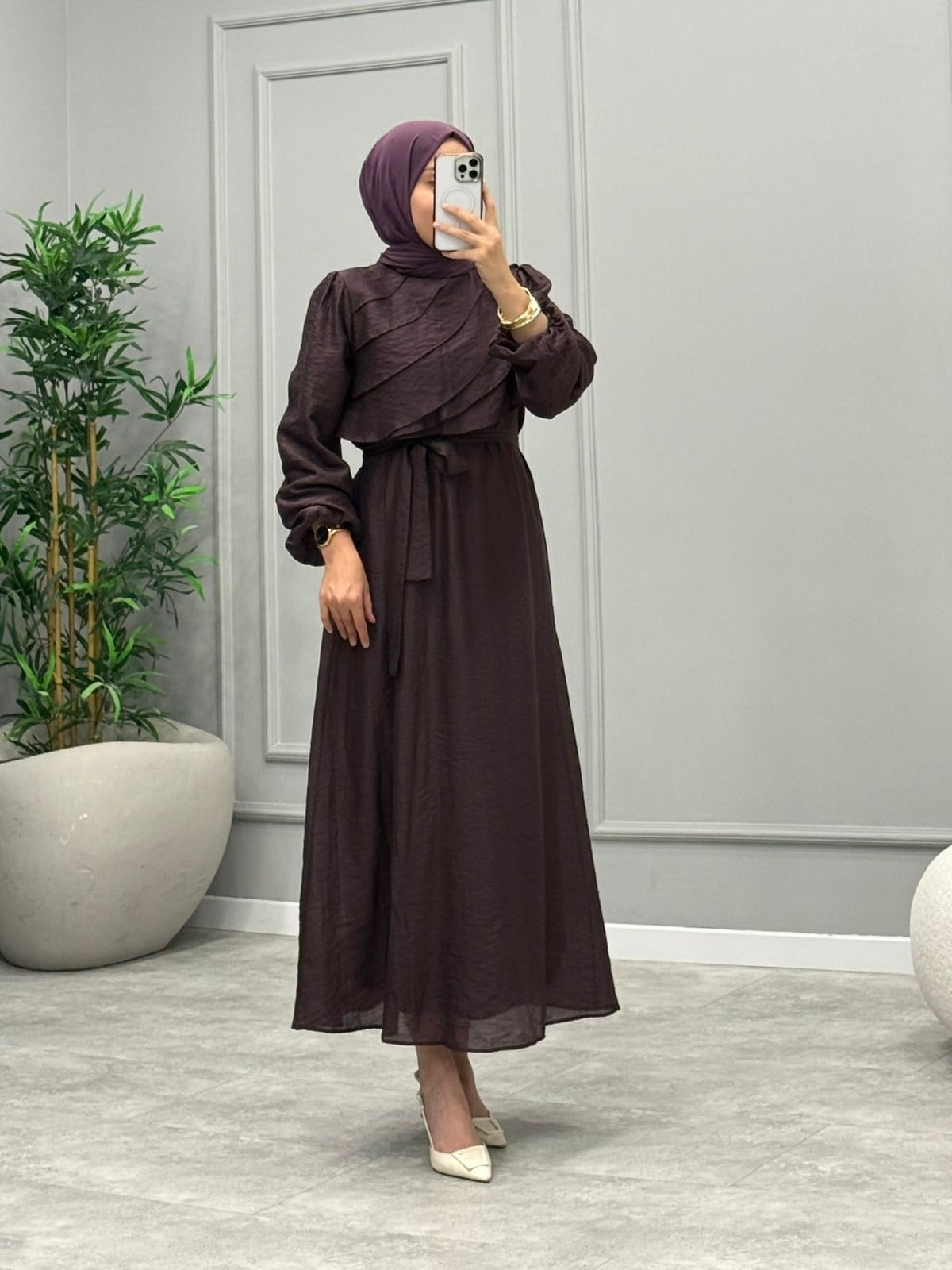 Mowa Yaka Detaylı Elbise -Mürdüm