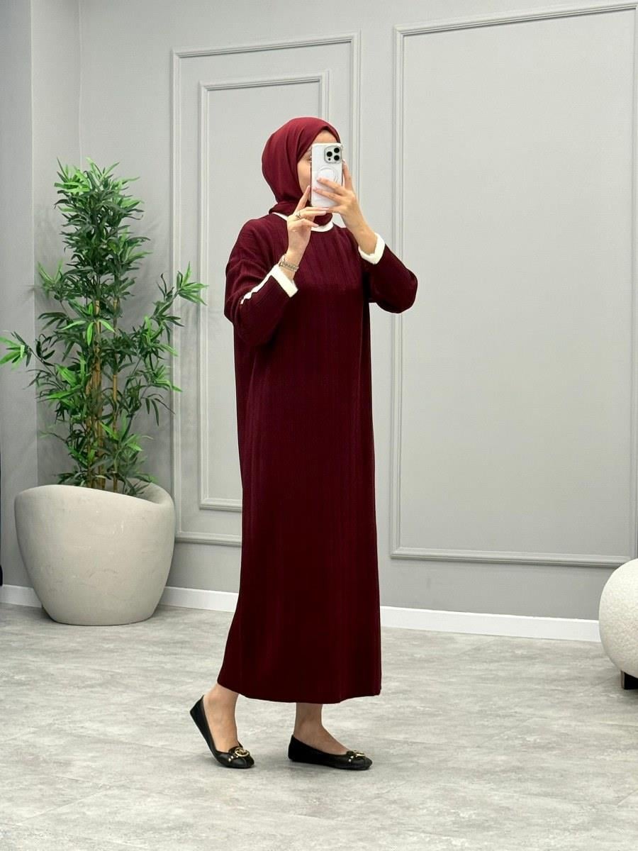 Raina Yakası Tüylü Elbise -Bordo