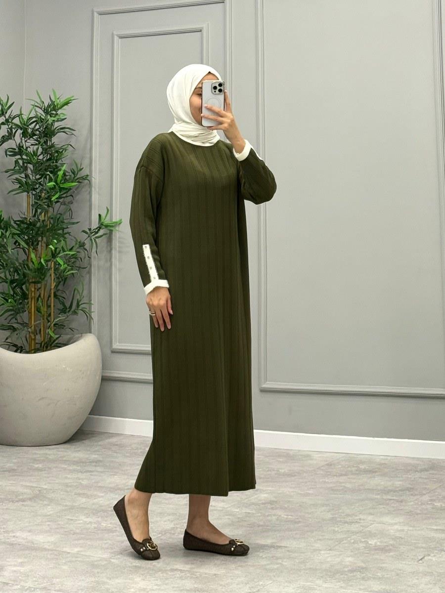 Raina Yakası Tüylü Elbise -Yeşil