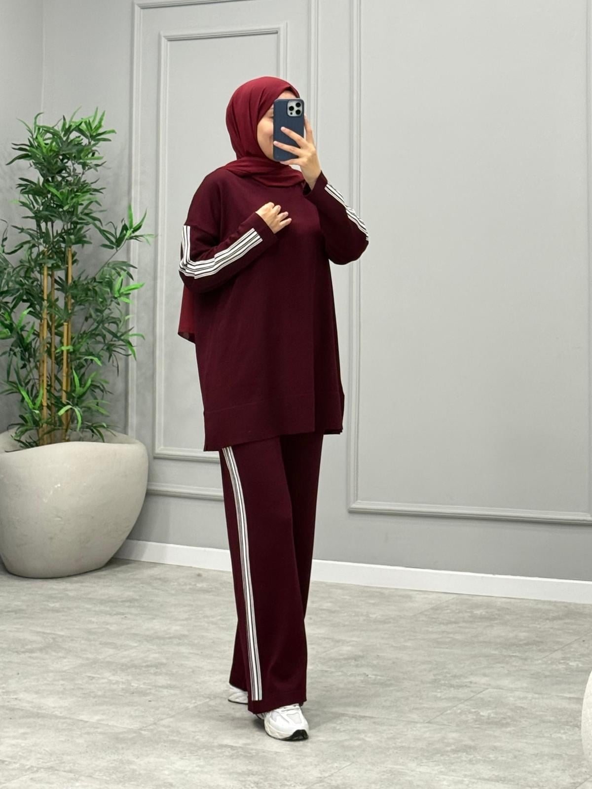 Şeritli Çizgili Takım -Bordo