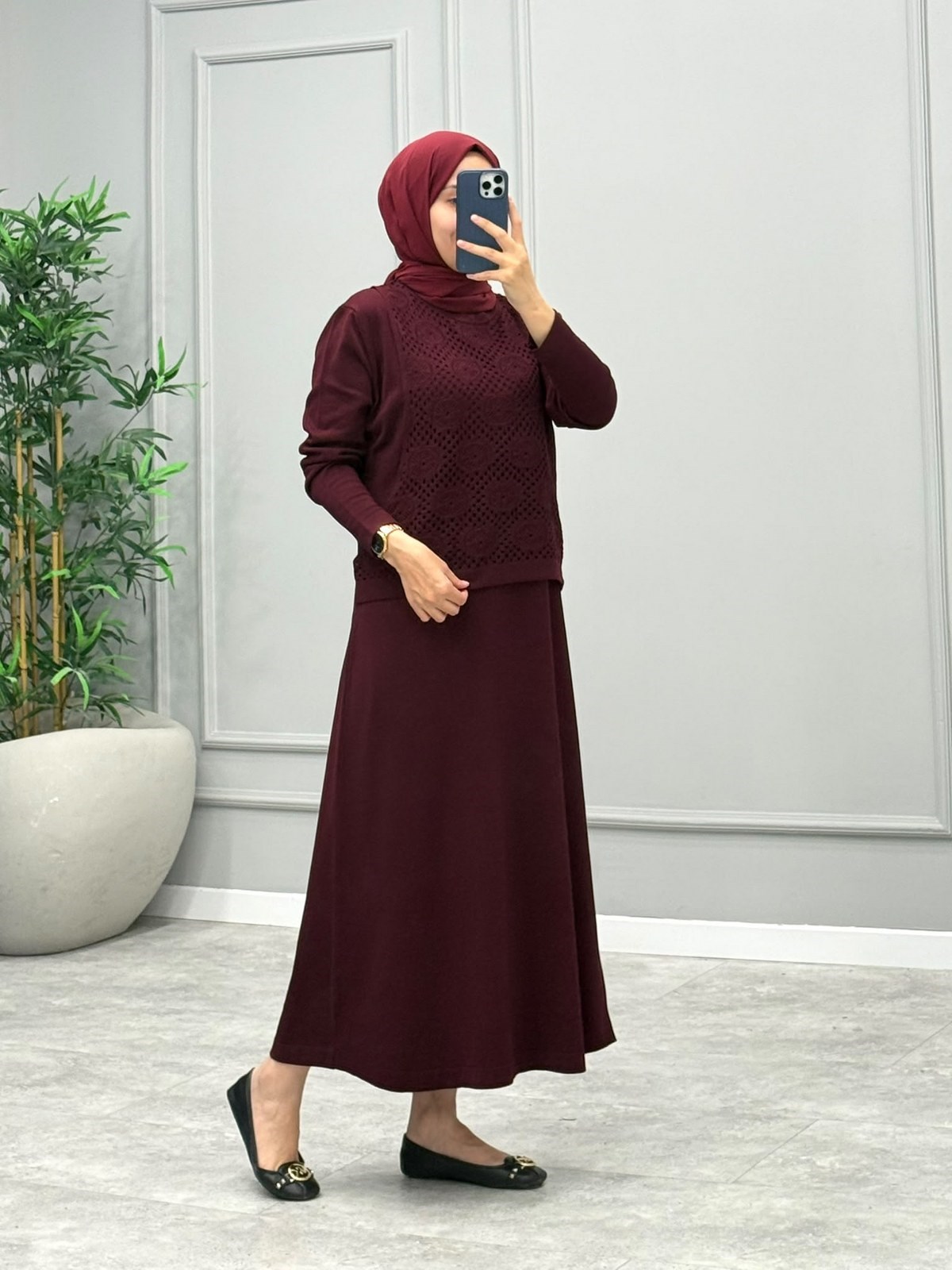 Velora Dantel Detay Merserize Elbise -Bordo