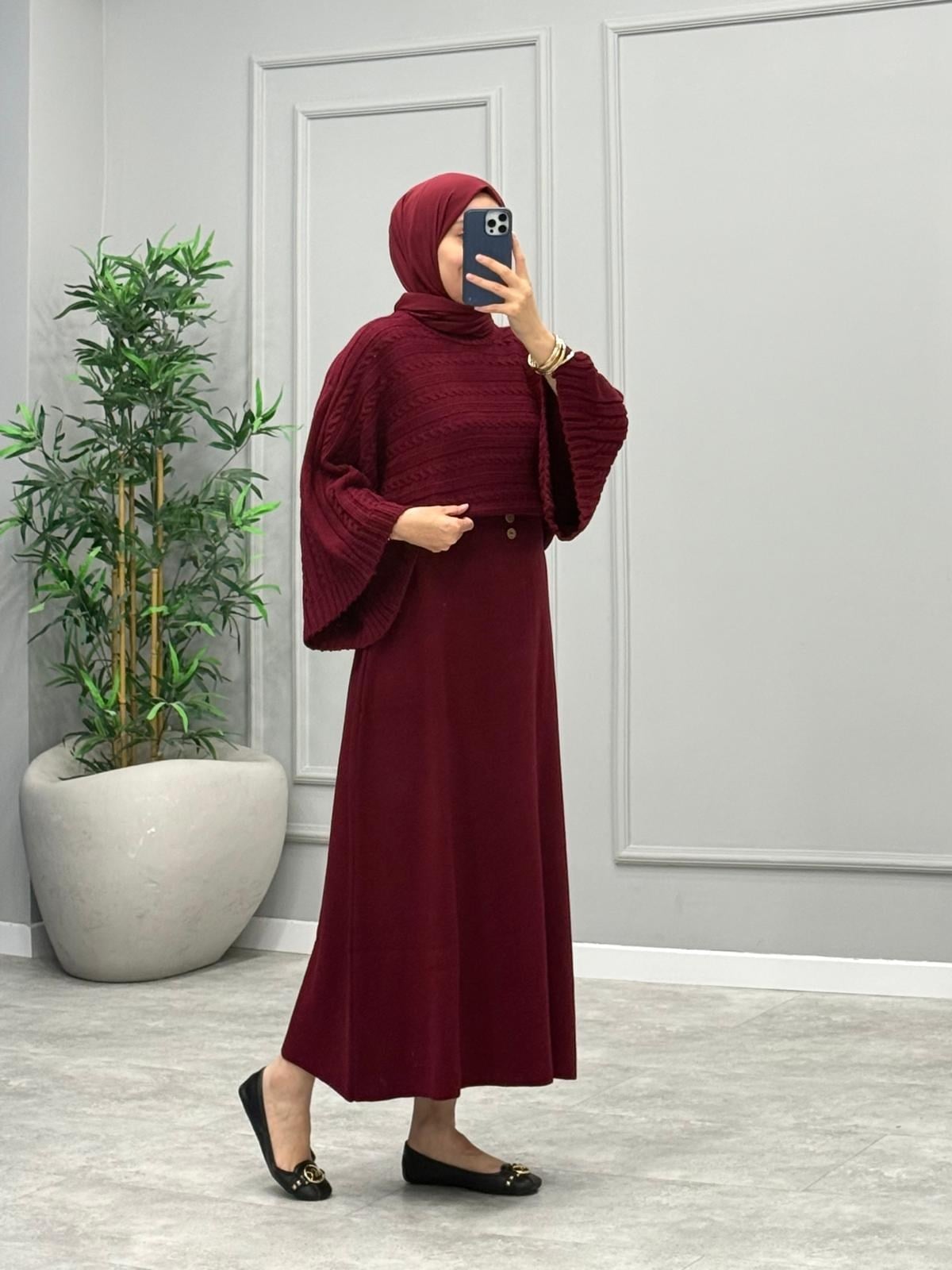 Woal Desenli Etekli Takım -Bordo