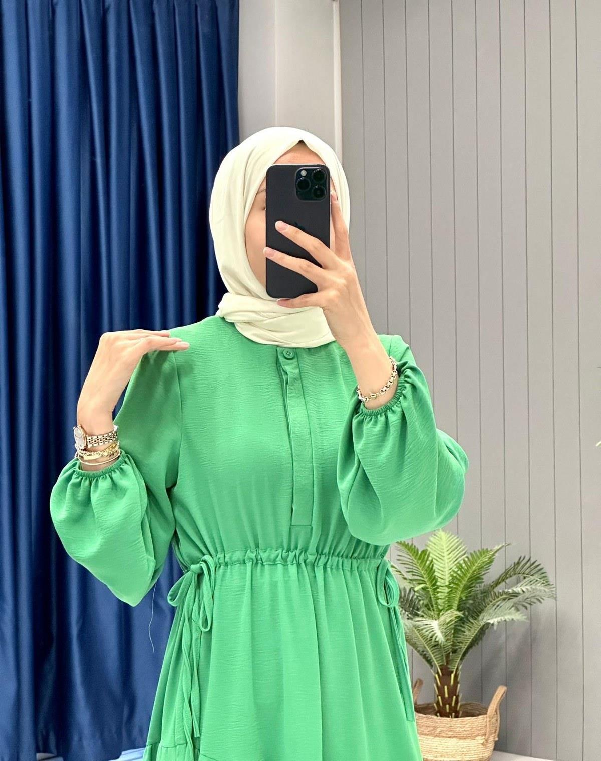 Yandan Bağlamalı Ayrobin Kumaş Elbise Yeşil