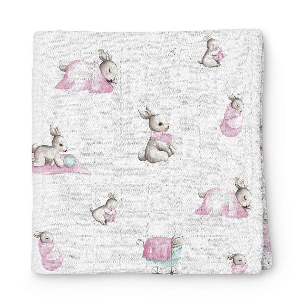 Deux Lapins Bébé Lapin Rose Müslin Bebek Örtüsü
