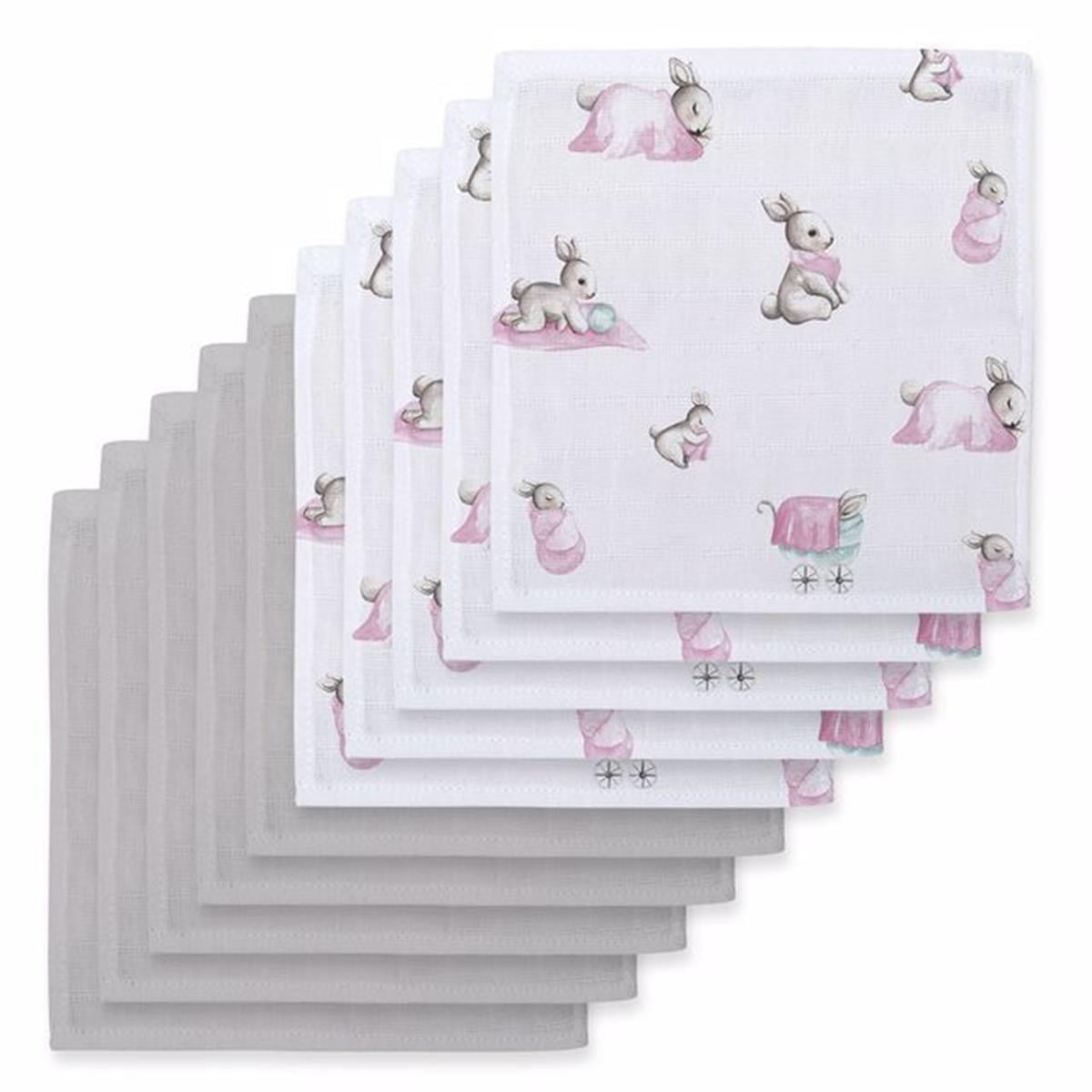 Bébé Lapin Rose & Cotton Grey 10`lu Müslin Bebek Ağız Bezi Paketi