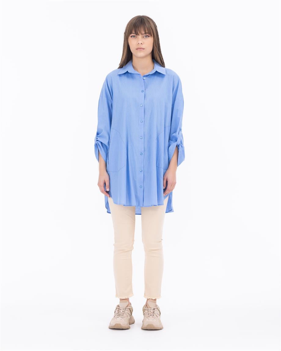 Cepli Oversize Poplin Düz Gömlek