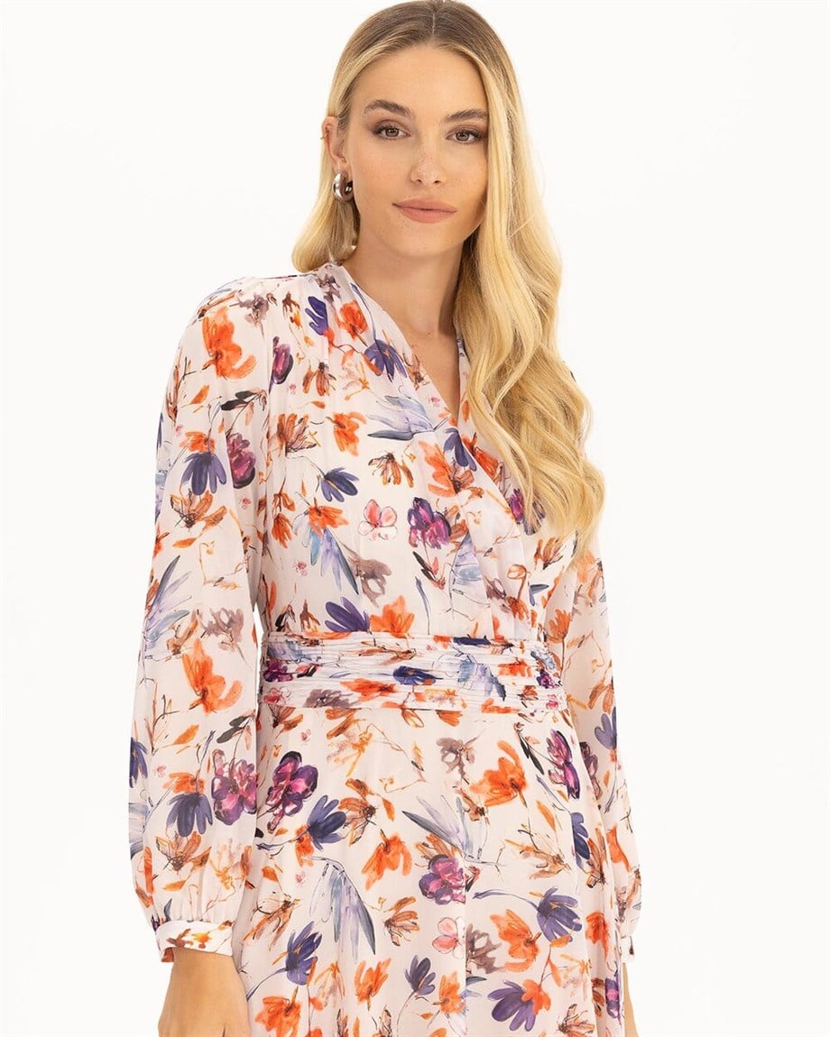 Çiçek Desenli Maxi Boy Elbise - Mercan