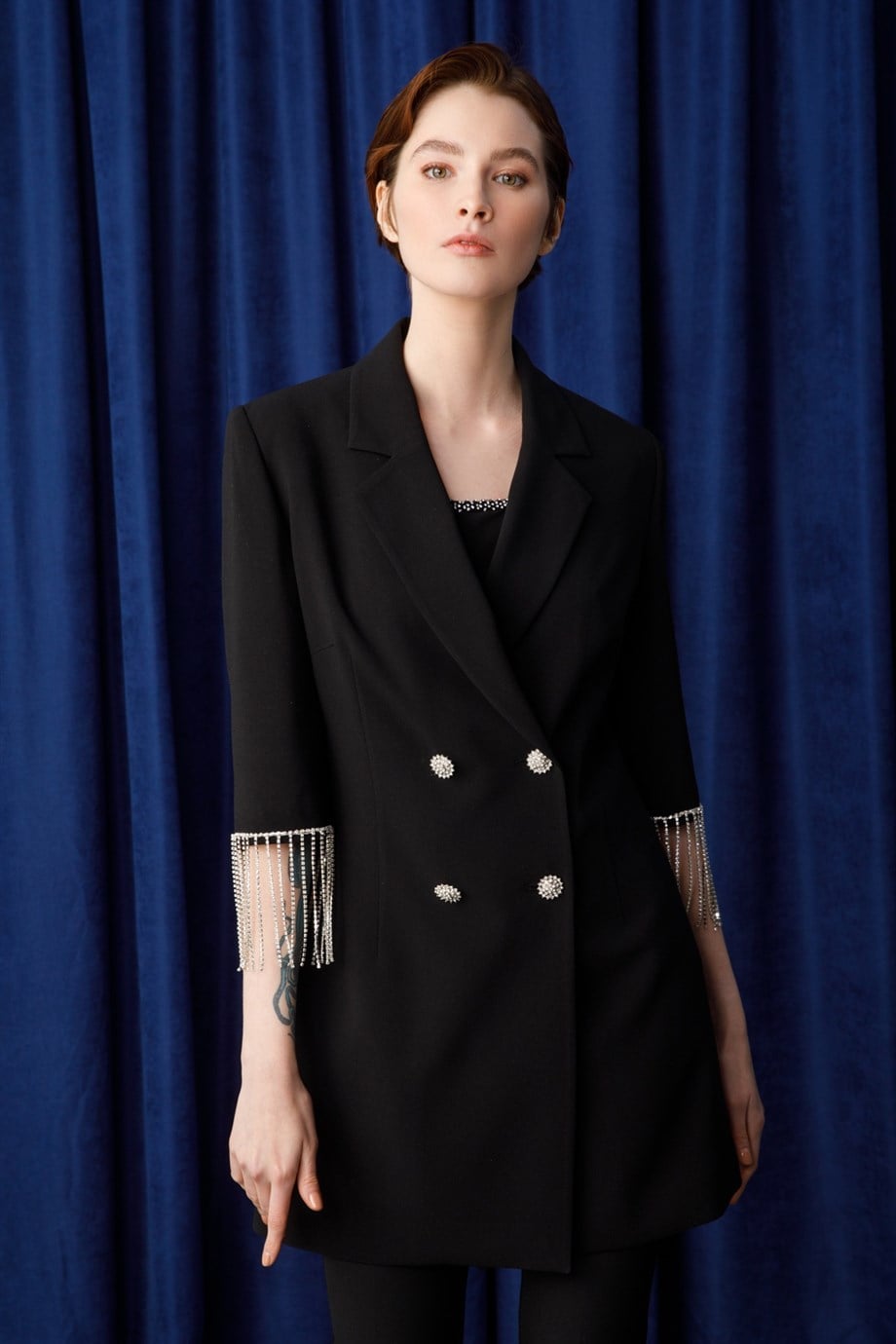 Modailgi Kolları Taşlı Şeritli Ceket Siyah