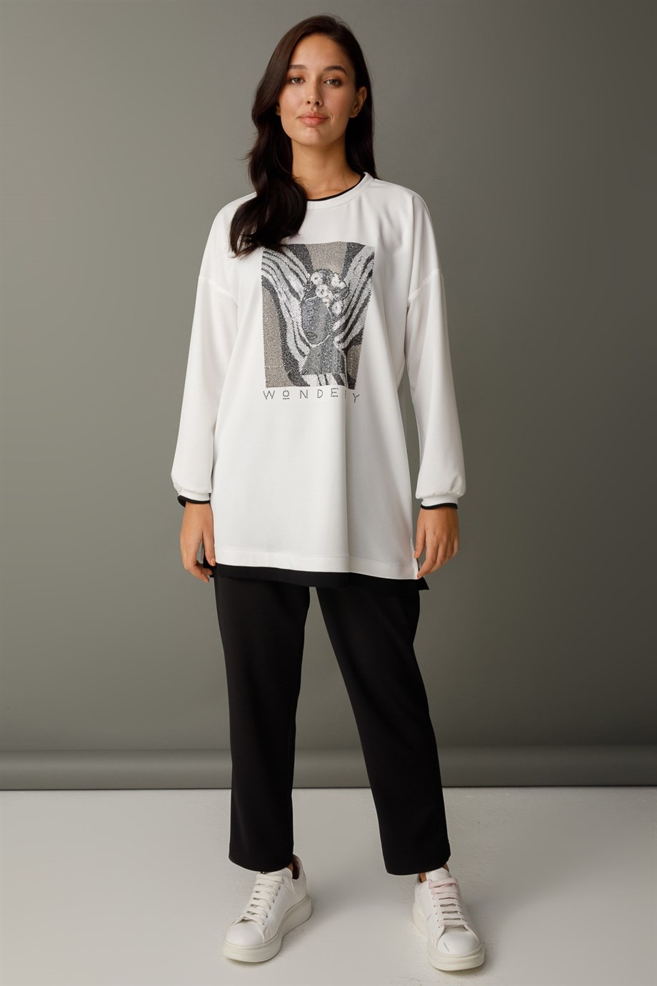 Modailgi Taş Baskılı Örme Tunik Ekru