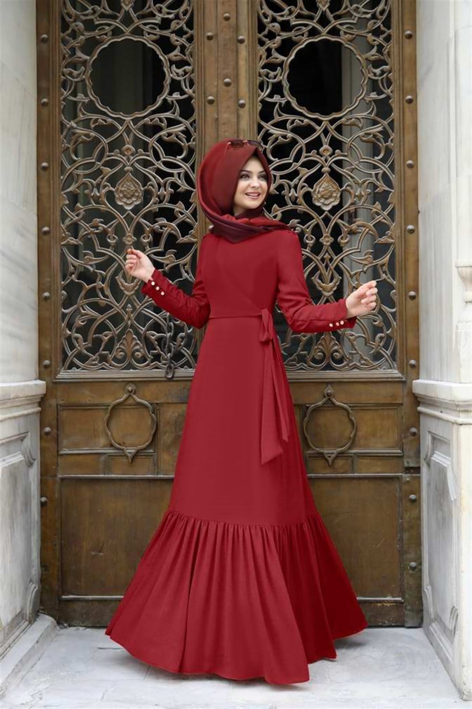 Pınar Şems Eteği Fırfırlı Elbise Bordo