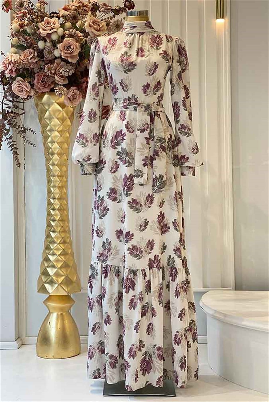 Pınar Şems Soft Yaprak Elbise Mor